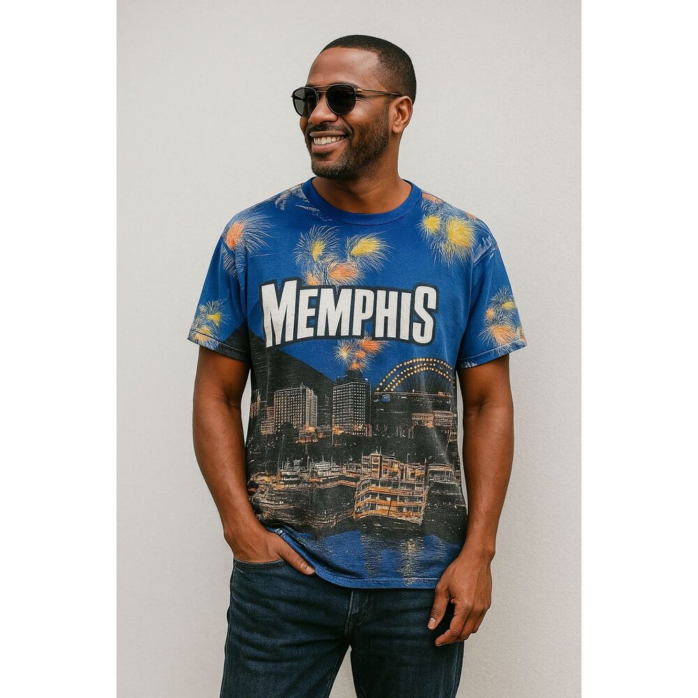 Vintage MEMPHIS Blue City Scape Single Stitch T Shirt Tee Top Mens Size XL